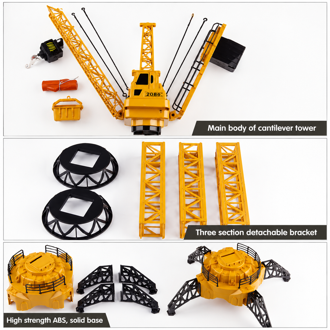 Crane components laid out with three tower sections, base parts, bucket and toy load.