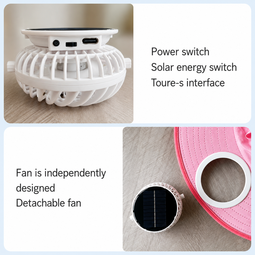 Detachable hat fan showing its controls, charging ports, and the opening in the brim.