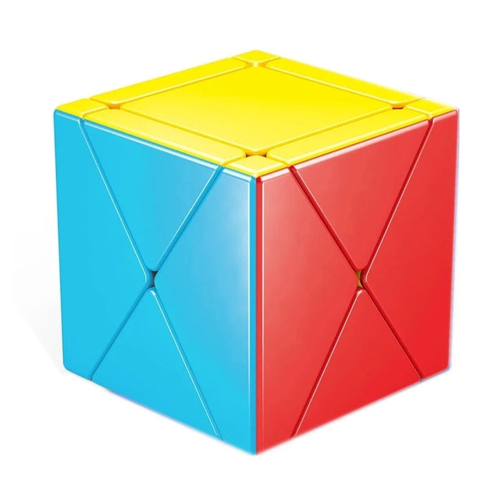 Twist cube puzzle with diagonal face divisions in blue, red, and yellow