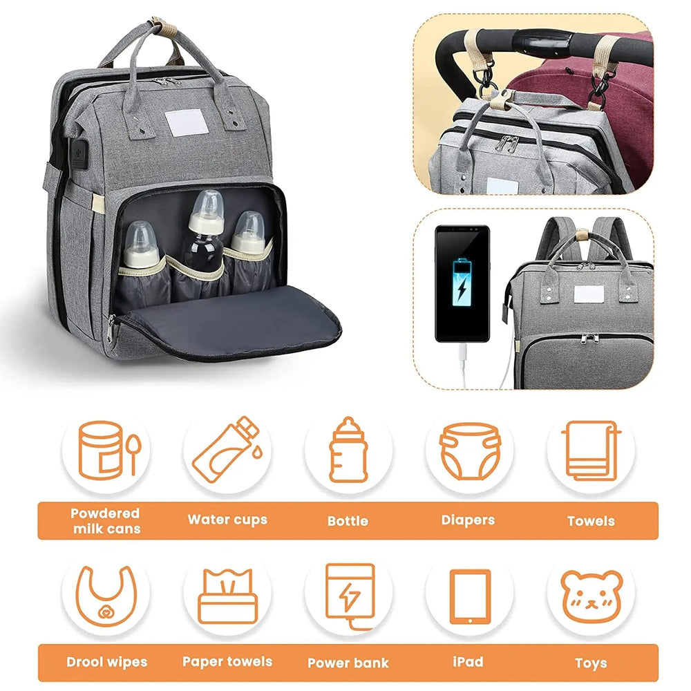 Gray diaper backpack with open bottle pocket, stroller attachment and illustrated packing examples