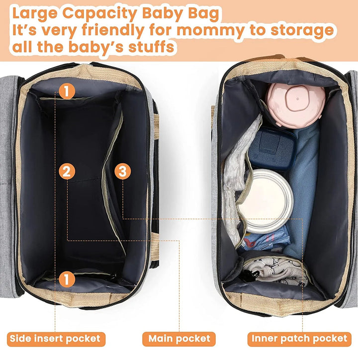 Top views of a diaper backpack showing the main compartment and interior pockets, empty and packed