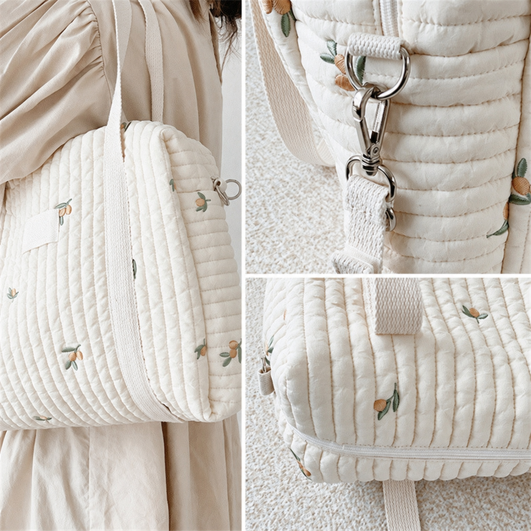 Quilted diaper bag detail collage showing shoulder carry, a metal clip, and stitched fabric