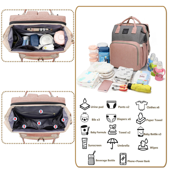 Diaper bag storage layout with packed compartments and baby supplies arranged beside the bag.
