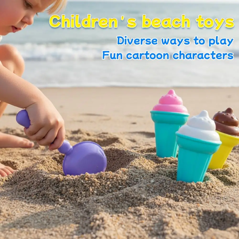 Child digging beach sand with a purple scoop next to colorful ice cream cone toys