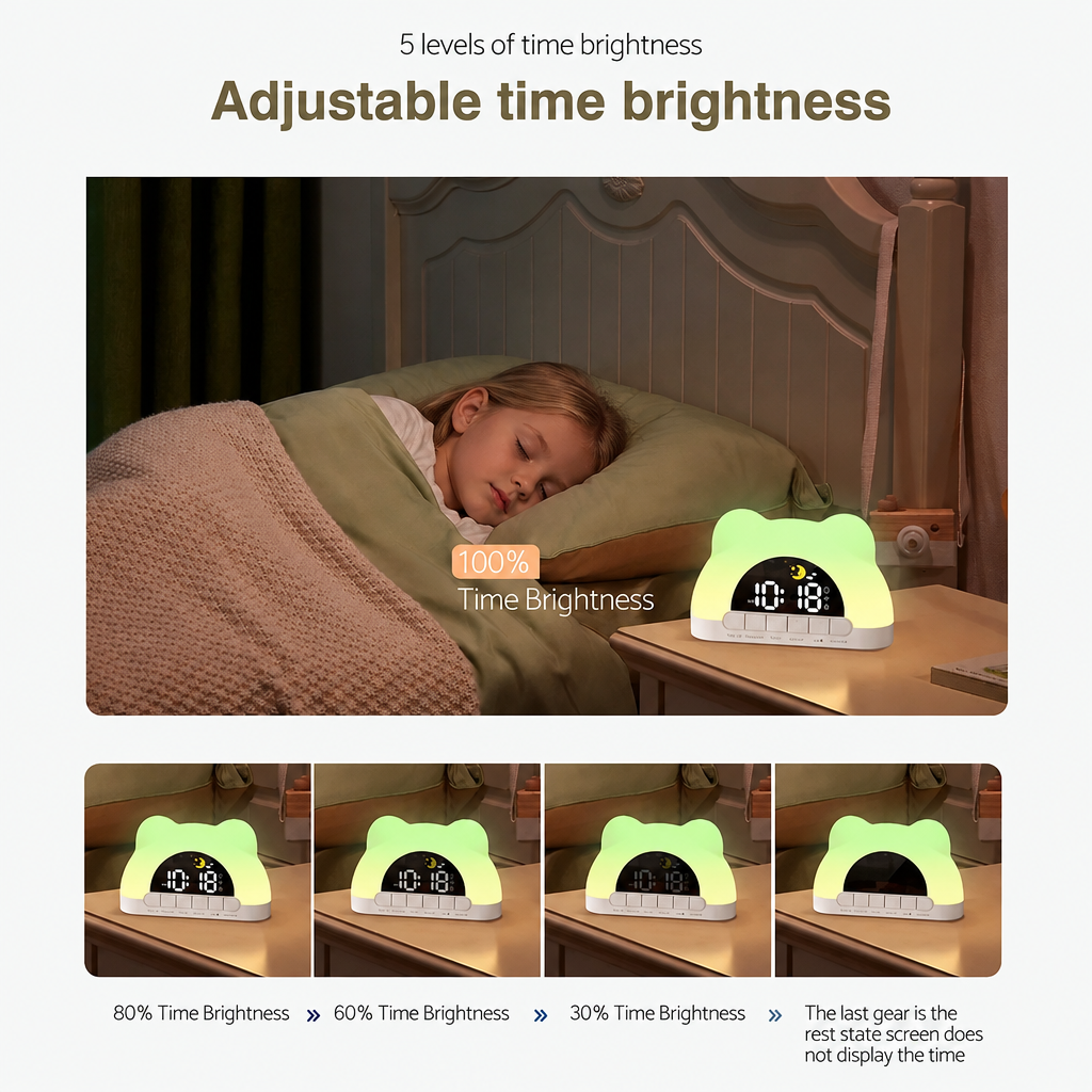 Five display brightness settings shown with an alarm clock beside a sleeping child.