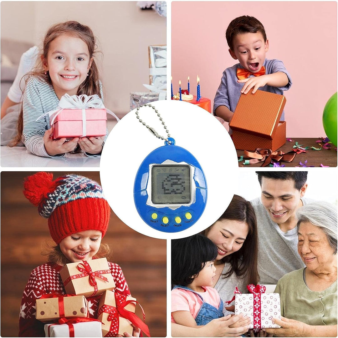 Blue digital pet keychain centered in a collage of children and family gift-giving scenes.
