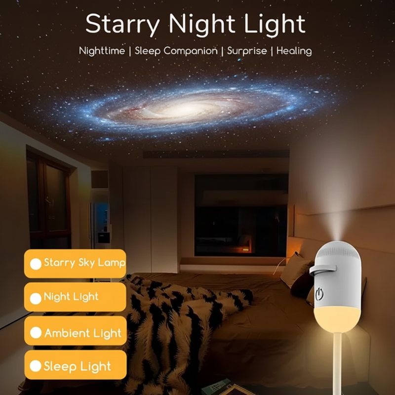 White galaxy lamp casting a spiral galaxy onto a bedroom ceiling