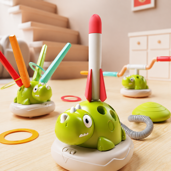 Green dinosaur activity set shown in jumping, ring-toss, and air-powered rocket-launching modes
