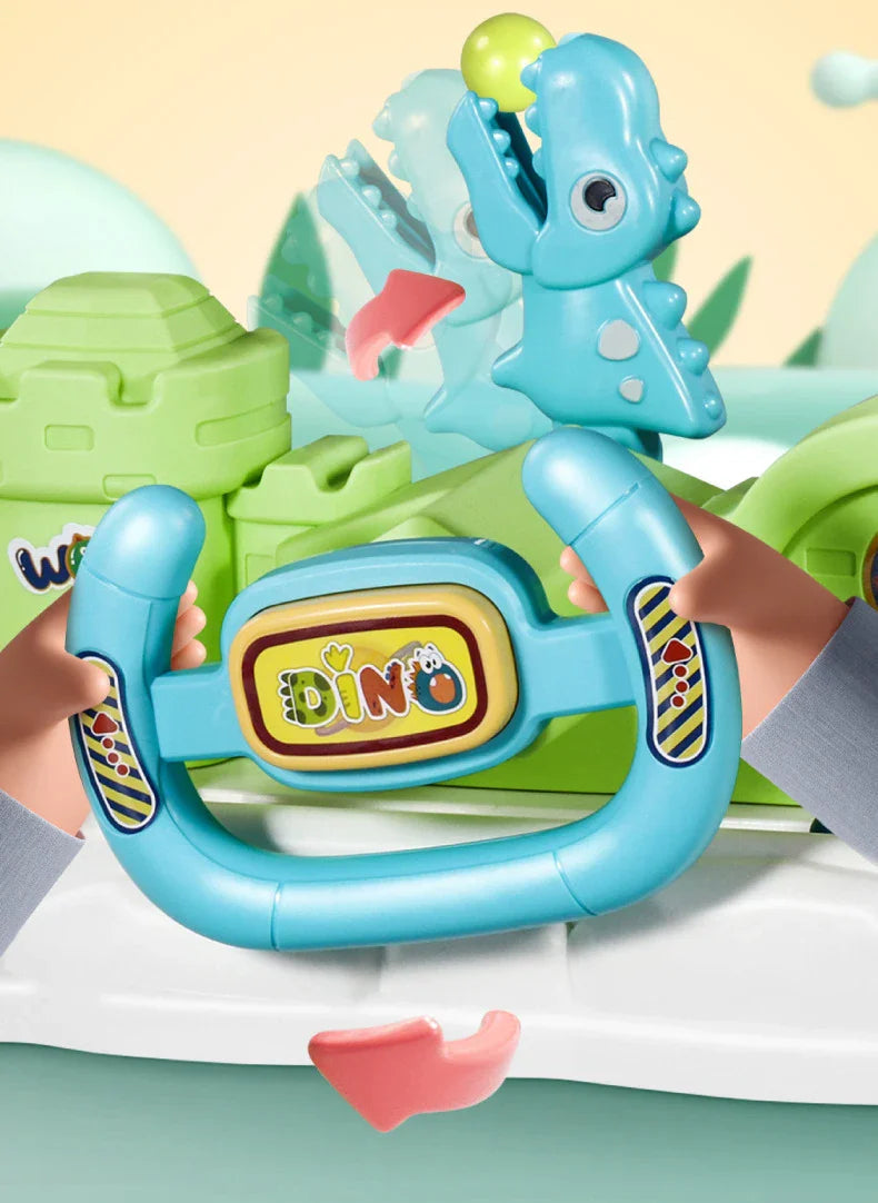 Blue steering-wheel control below a dinosaur figure with a green ball above its head