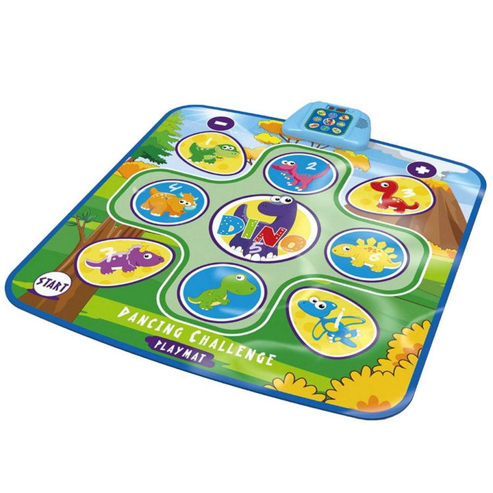 Green Dino dance mat with nine illustrated step pads and a blue control panel