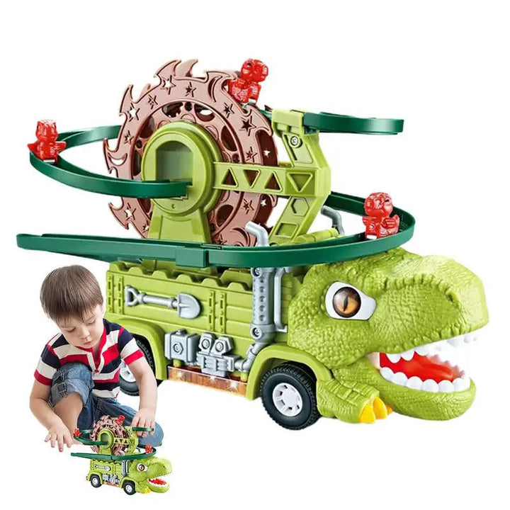 Green dinosaur toy truck with winding tracks, red dinosaur figures, and a child shown playing