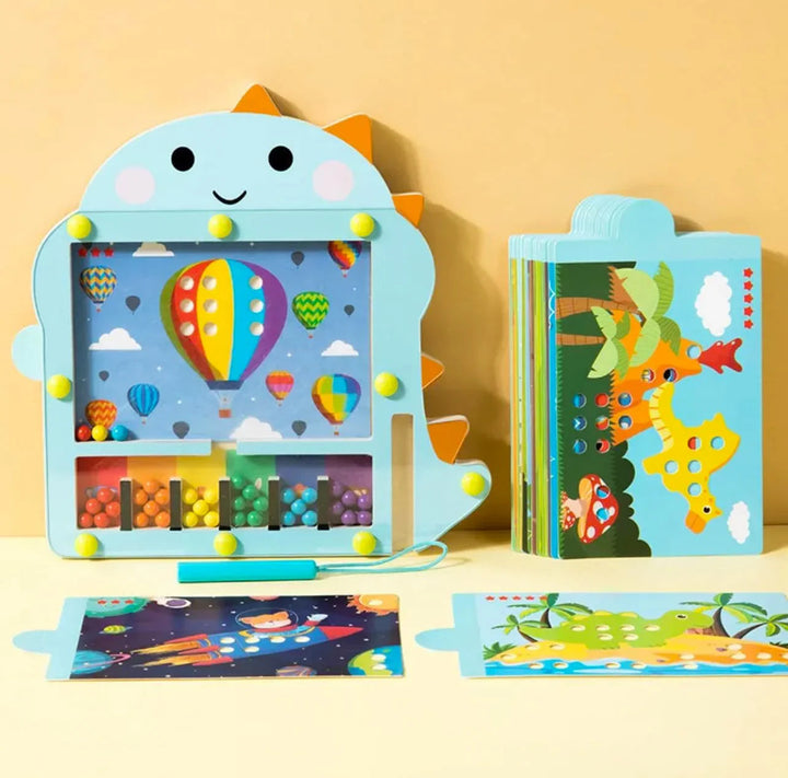 Dinosaur-shaped magnetic bead board with six color compartments, a magnetic pen and illustrated cards