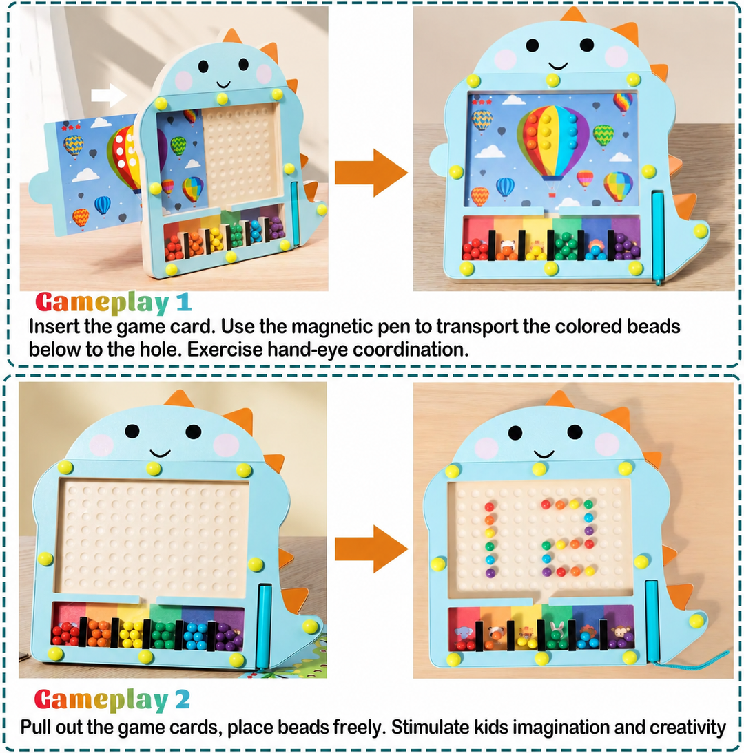 Dinosaur bead maze showing picture-card play and a free-form bead pattern
