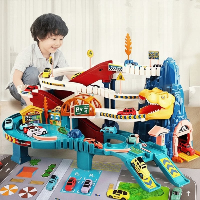 Child playing with a multilevel dinosaur race track with toy cars and a yellow dinosaur-mouth tunnel