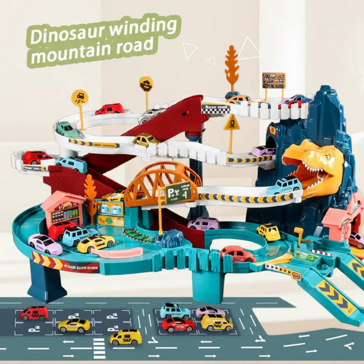 Dinosaur race track with winding white ramps, an orange bridge, and a road scene mat