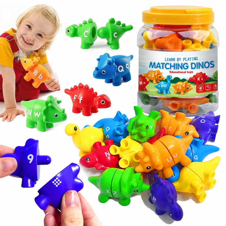 Colorful letter-matching dinosaurs with a yellow-lidded storage bucket and a child playing
