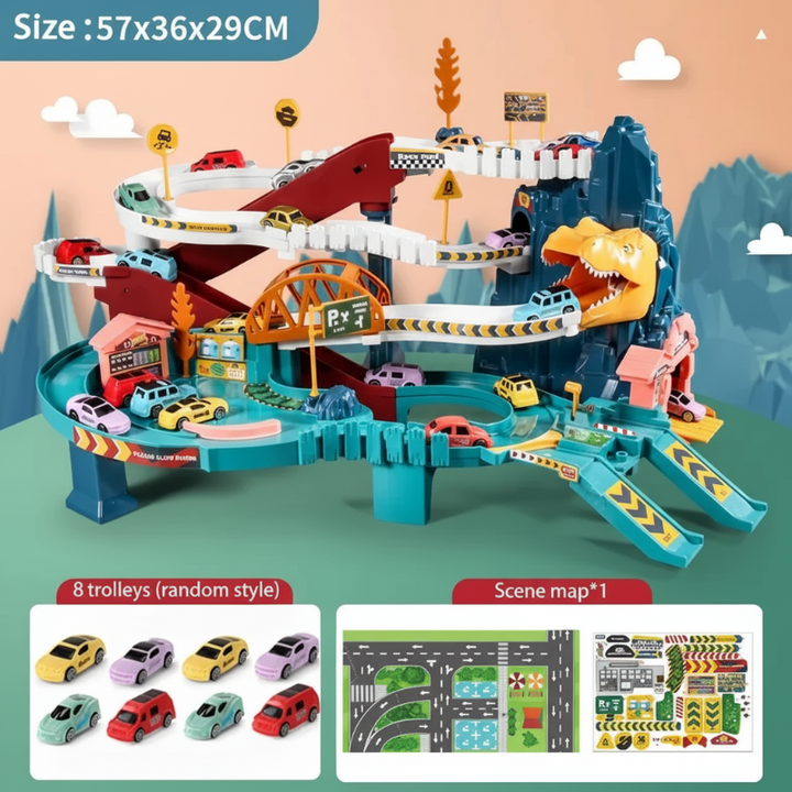 57 x 36 x 29 cm dinosaur race track set with 8 cars, a road scene mat, and stickers