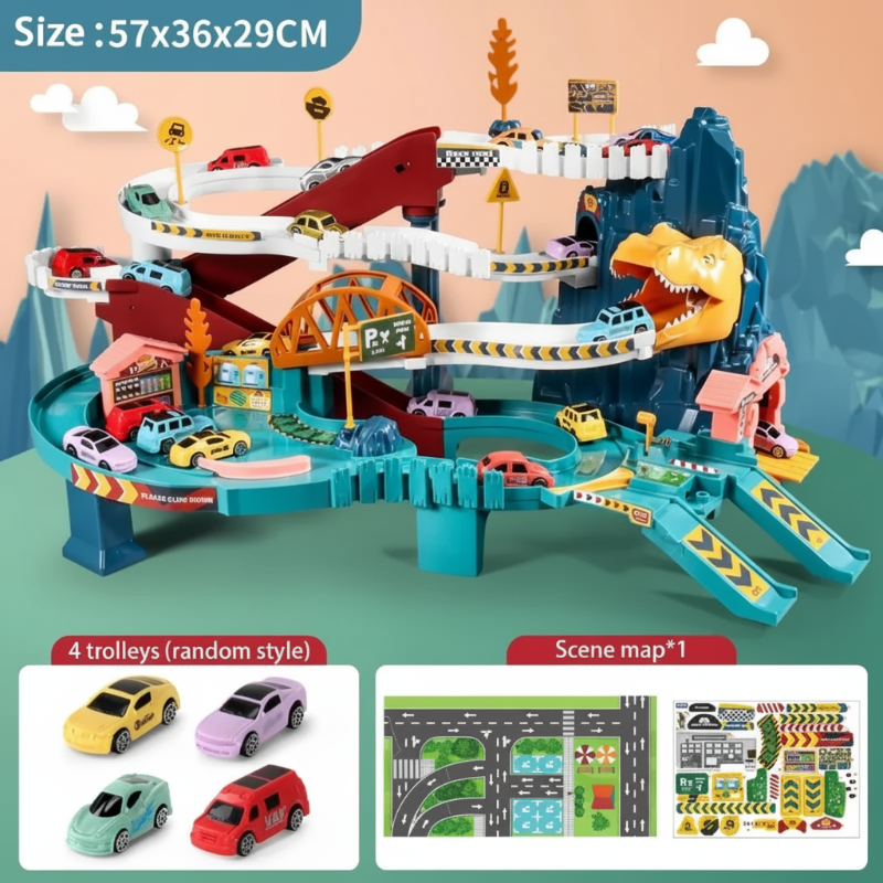 57 x 36 x 29 cm dinosaur race track set with 4 cars, a road scene mat, and stickers