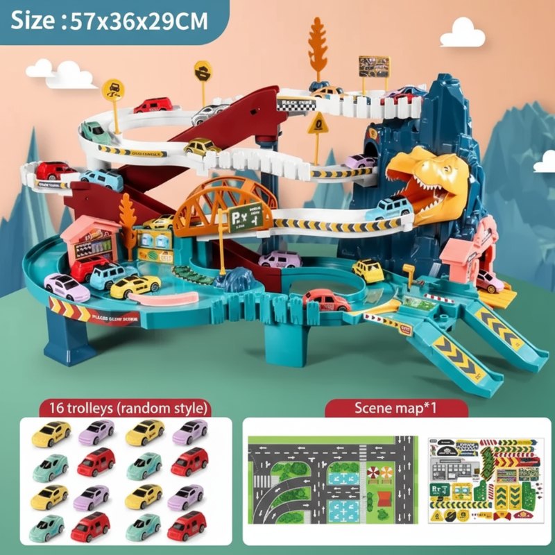 57 x 36 x 29 cm dinosaur race track set with 16 cars, a road scene mat, and stickers