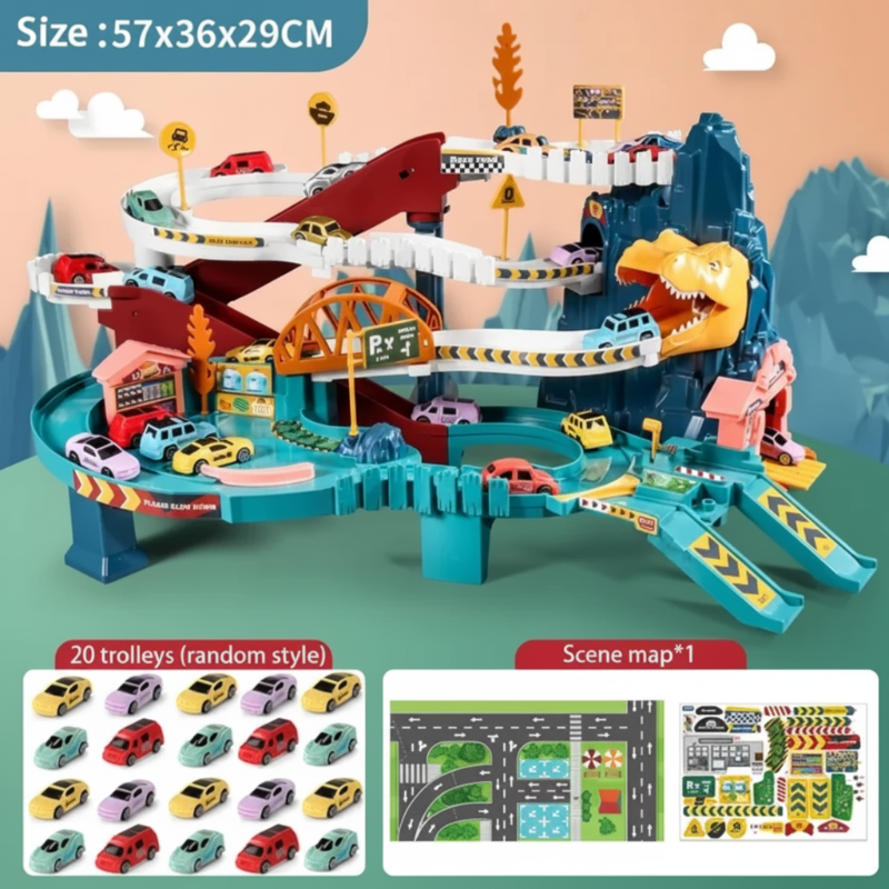 57 x 36 x 29 cm dinosaur race track set with 20 cars, a road scene mat, and stickers