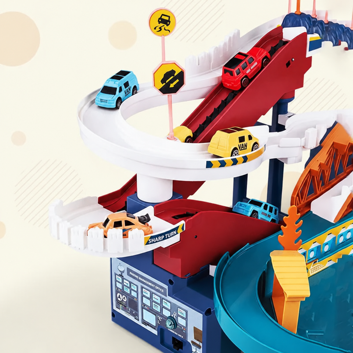 Toy cars on white spiral ramps beside the red elevator of the dinosaur race track