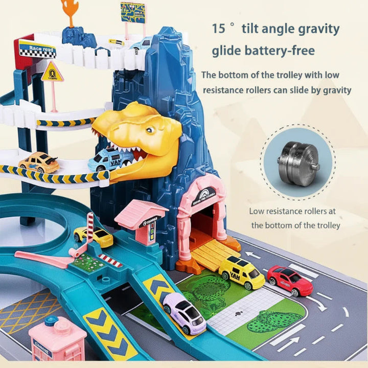 Dinosaur-mouth tunnel and sloped exit ramp with a detail of a toy car&