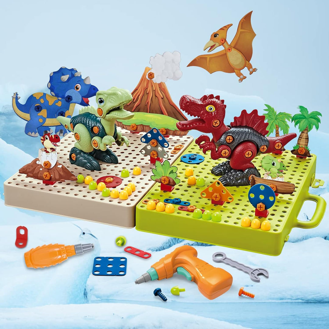 Dinosaur models on an open building case with an orange toy drill, screwdriver, wrench, and colorful pieces