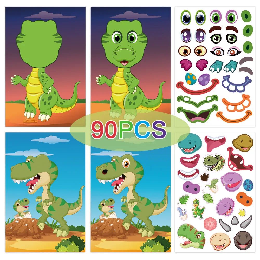 Dinosaur theme with blank and decorated dinosaur faces and 90 stickers