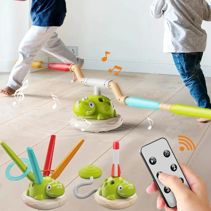 Dinosaur activity playset with rotating jump bar, ring-toss and rocket setups, and remote control