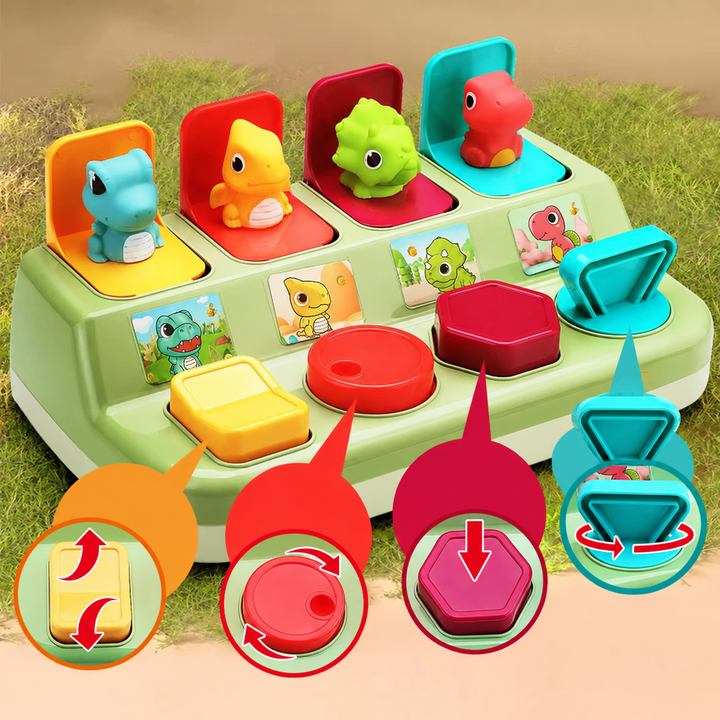 Green dinosaur pop-up toy with four figures and illustrated control movements