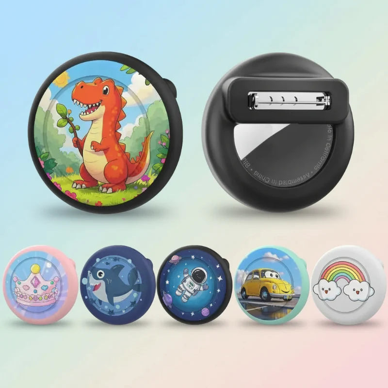Dinosaur AirTag brooch case with rear pin fastener and a selection of colorful designs