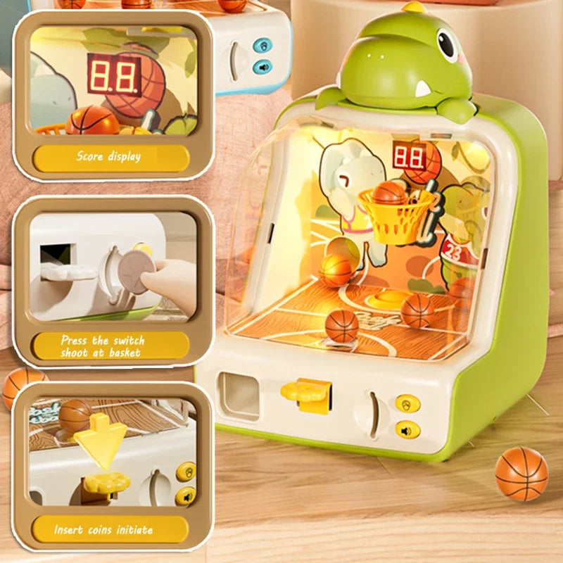Green dinosaur basketball game with detail views of the score display, launcher, and coin slot