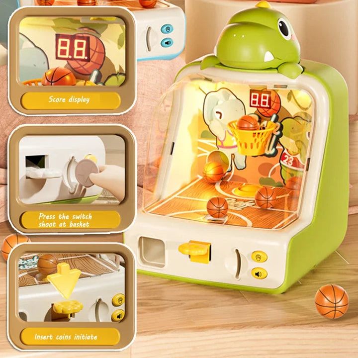 Green dinosaur basketball game with detail views of the score display, launcher, and coin slot