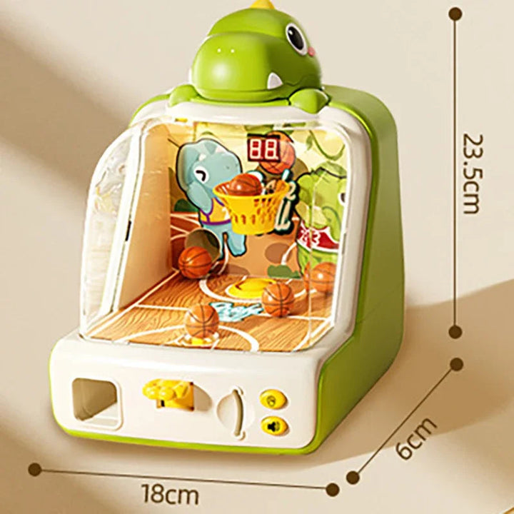 Green dinosaur basketball game with measurements of 23.5 cm high, 18 cm wide, and 6 cm deep