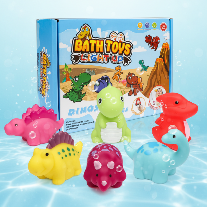 Six colorful dinosaur bath toys arranged in front of their box