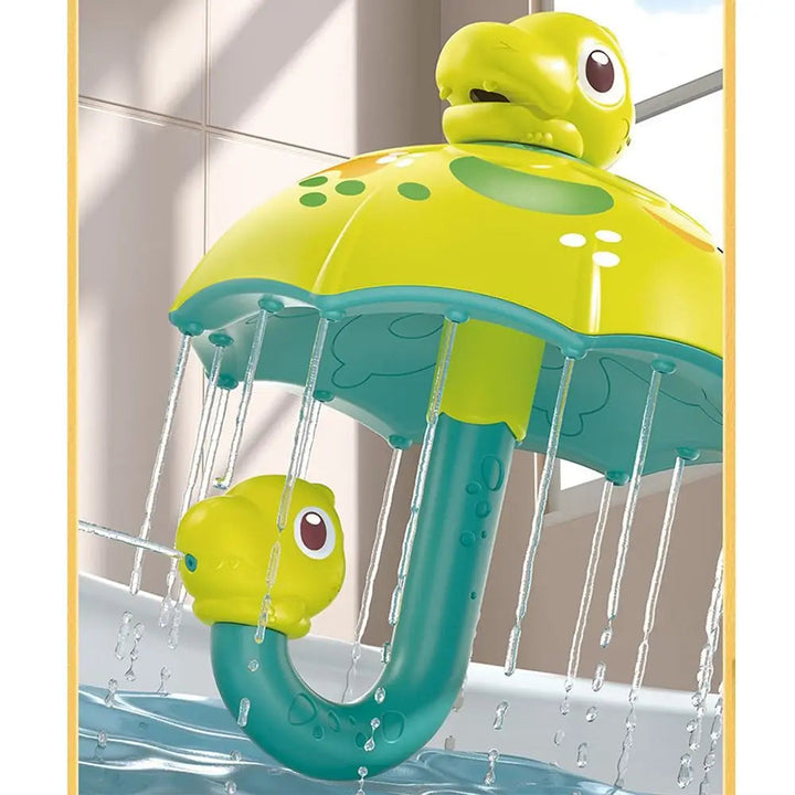 Dinosaur umbrella bath toy with a curved teal handle and falling streams of water