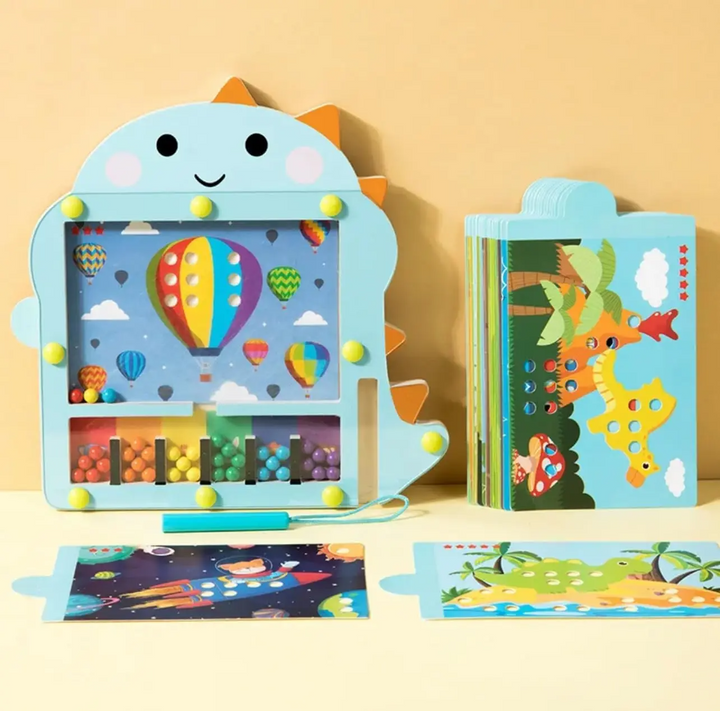 Dino magnetic maze with a balloon scene card, colorful beads and additional illustrated cards