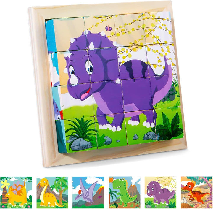 Dinosaur wooden block puzzle showing a purple dinosaur, with six dinosaur pictures below.