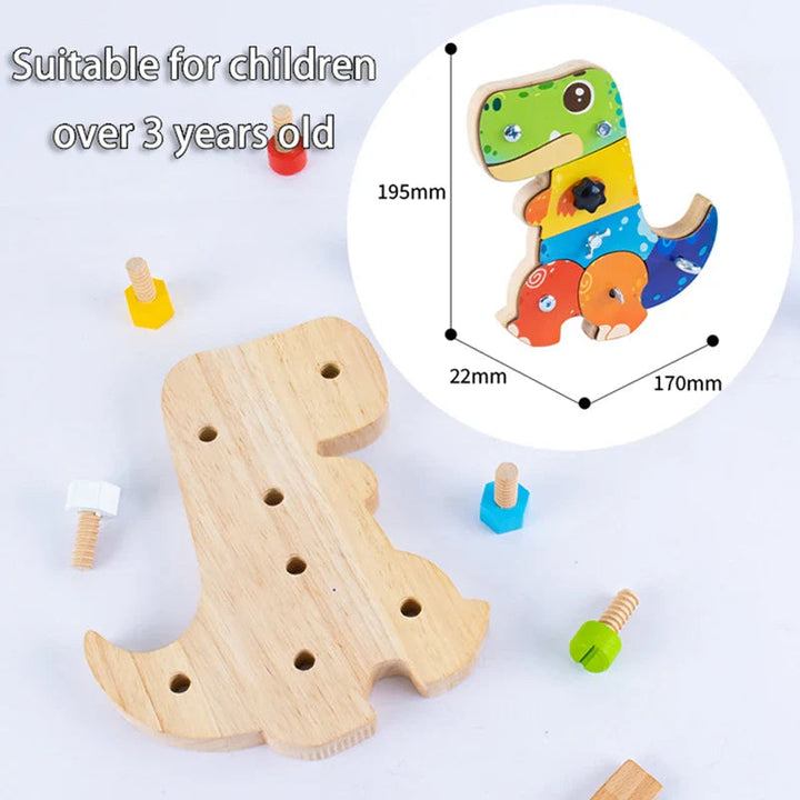 Dinosaur board measurement graphic showing 19.5 x 17 x 2.2 cm dimensions and loose bolts