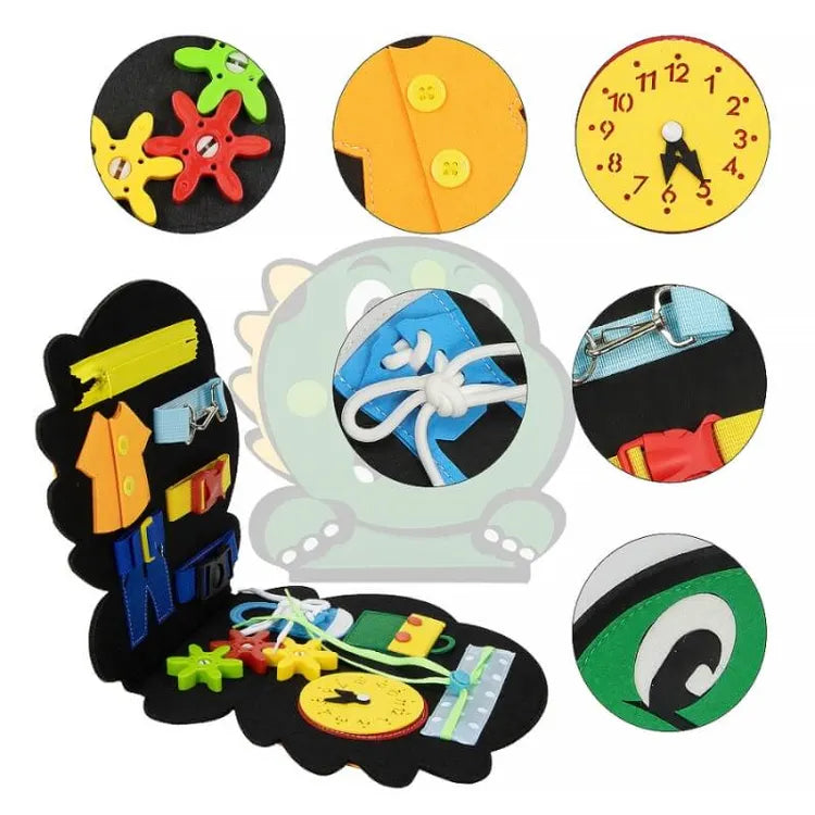 Close-ups of dinosaur busy board gears, buttons, clock face, laces, buckles, and felt cover.