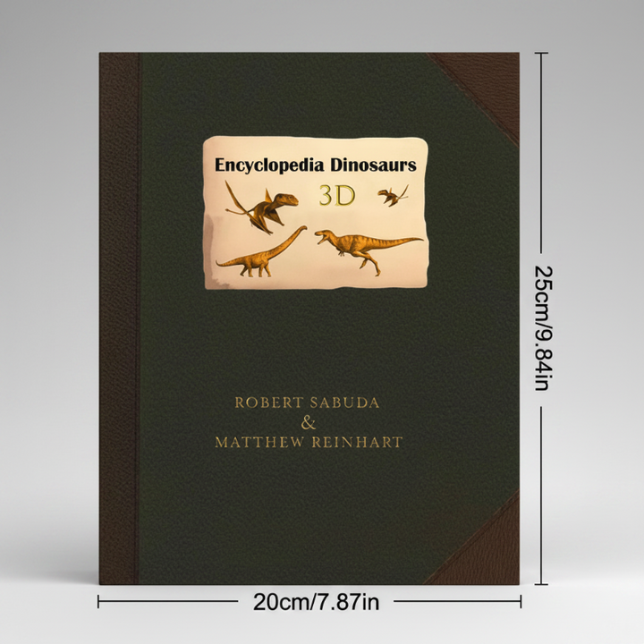 Dinosaurs hardcover with measurements showing 25 cm tall and 20 cm wide