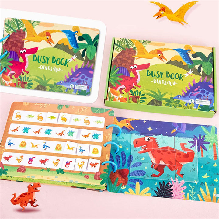Dinosaur activity book covers beside open matching pages and illustrated pieces