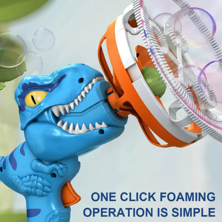 Blue dinosaur-shaped bubble gun with an orange trigger and large circular ring