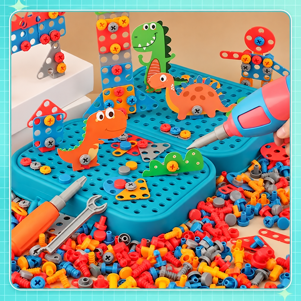 Colorful dinosaur builds, screws, tools, and a toy drill on an open blue construction case