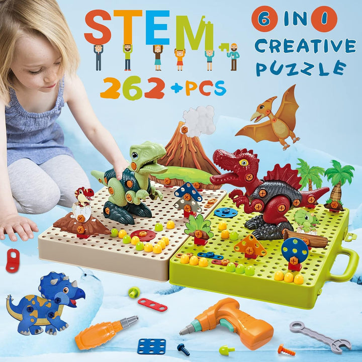 Dinosaur construction set with toy tools, colorful pieces, and a child building on the case base