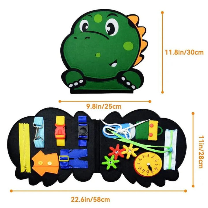 Dinosaur busy board measuring 58 x 28 cm open and 25 x 30 cm closed.