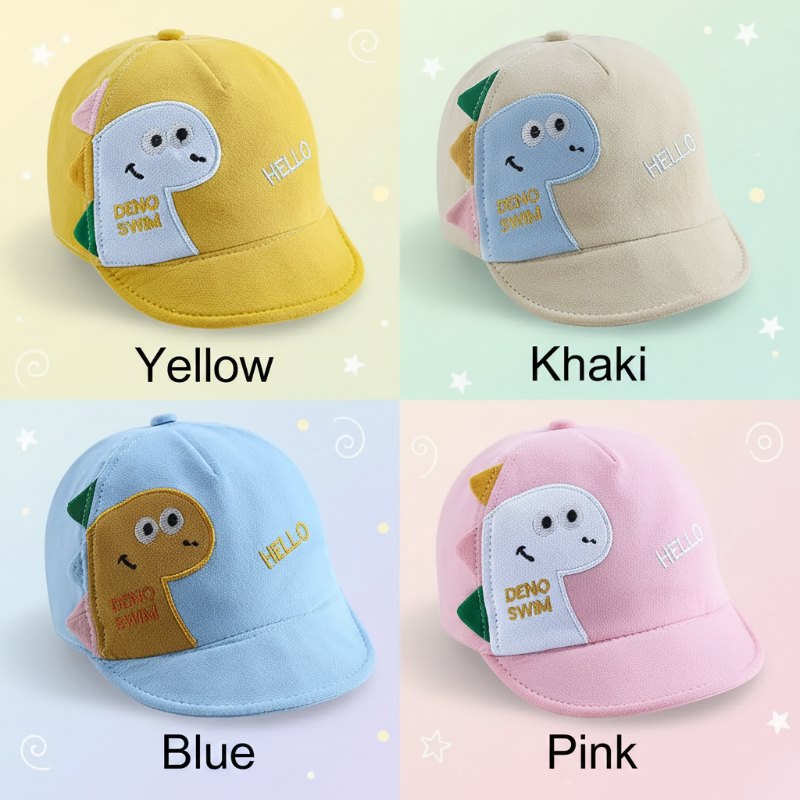 Dinosaur cap color chart showing yellow, khaki, blue, and pink.