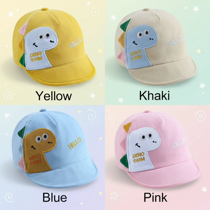 Dinosaur cap color chart showing yellow, khaki, blue, and pink.