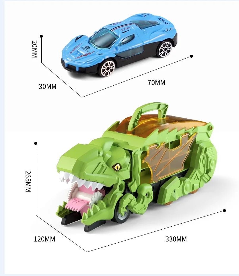 Measurement diagram showing the dinosaur car carrier and a blue mini car