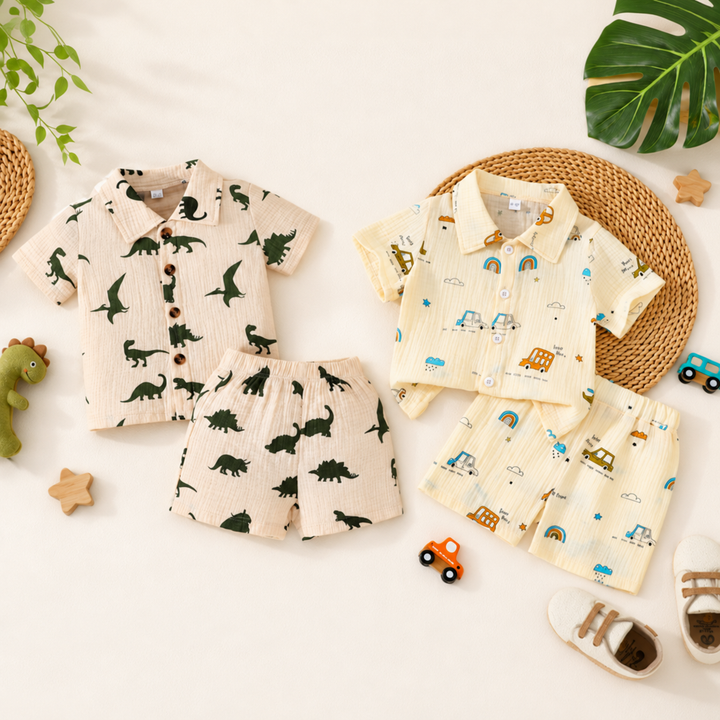 Dinosaur and car print cotton shirt-and-shorts sets arranged side by side